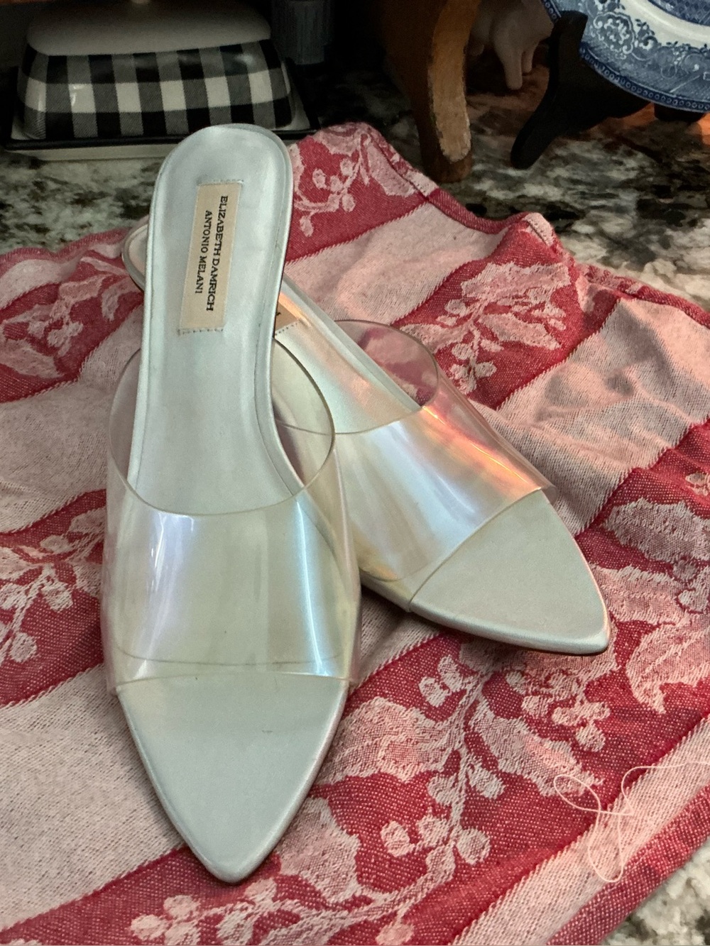 Elizabeth and James Iridescent Clear Vinyl Pointed Slide Mules